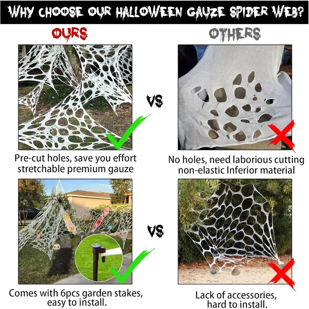 Plastic garden stakes used to anchor the Halloween spider web