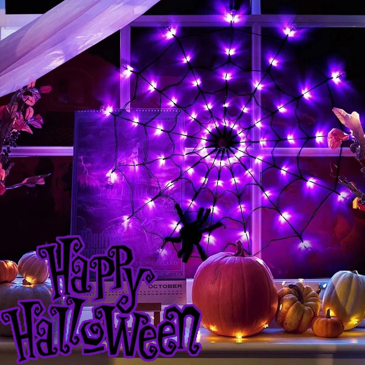 Glowing LED spider web hung as Halloween decor with black spider