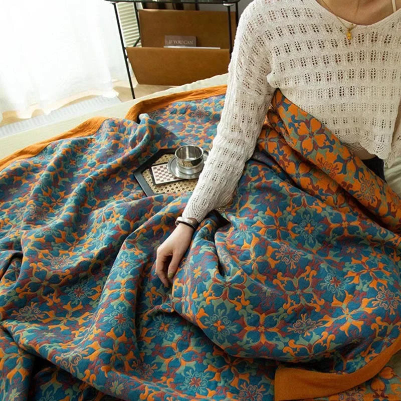 Six Layer Cotton Quilt in a Blue Print | Breathable Warm Blanket for Bed or Sofa | Four Sizes Up to 250 x 240 cm