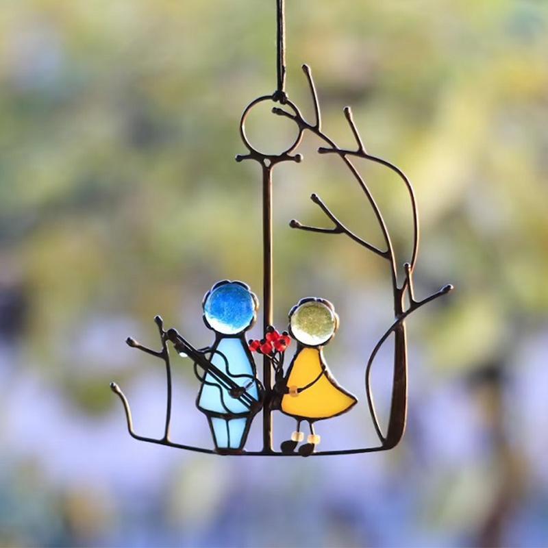 Hanging Suncatcher Wall Decor, 14 x 10 cm | Handmade Figure Motifs in Colored Epoxy on an Alloy Frame | Five Designs