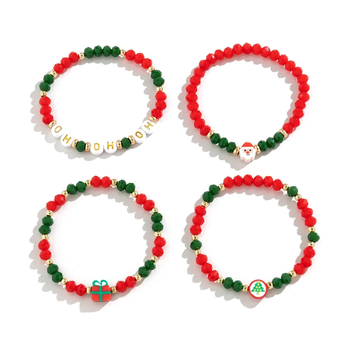 Christmas Bead Bracelet Set of 4 | Stainless Steel and Crystal Festive Jewelry | Stackable Link Chain Cuff Design