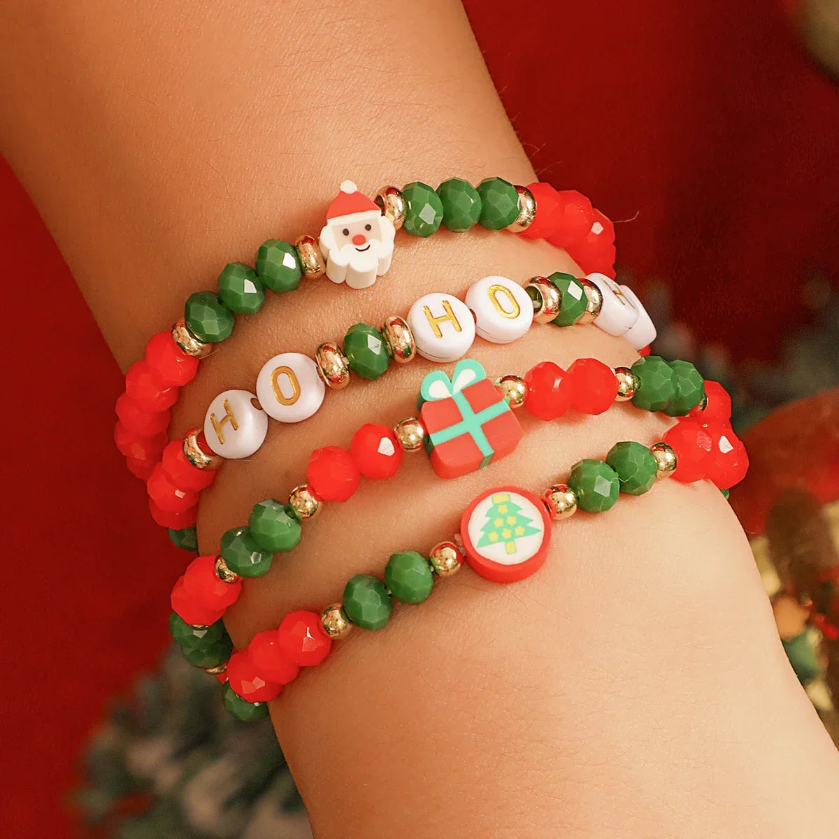 Christmas Bead Bracelet Set of 4 | Stainless Steel and Crystal Festive Jewelry | Stackable Link Chain Cuff Design