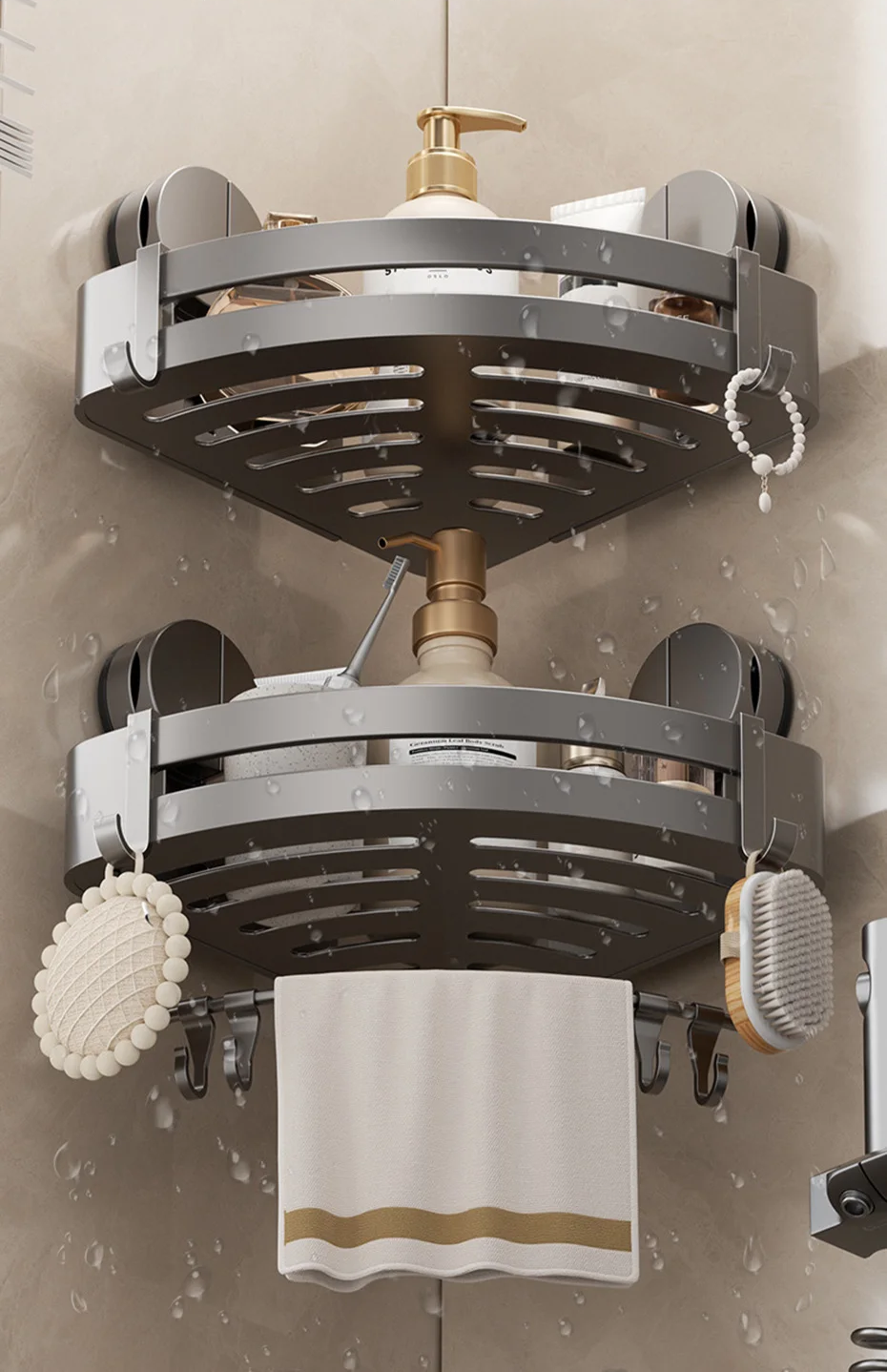 Suction Cup Shower Caddy in Aluminum, No Drilling Needed | Corner or Flat Wall Shelf for Shampoo and Soap | Four Shapes