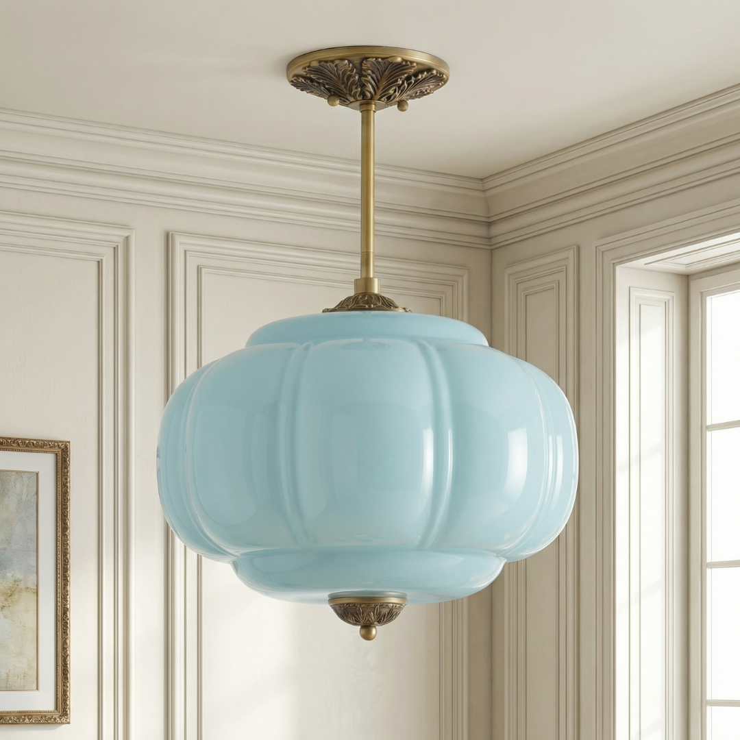 Pumpkin Glass Pendant Light Adjustable Brass