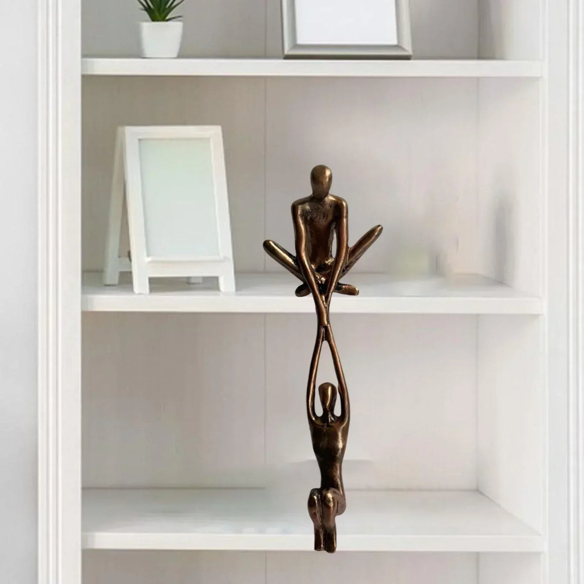 Metal Art Bronze Sculpture of Two Figures | Hanging Shelf Ornament for Living Room or Entryway | Love and Strength