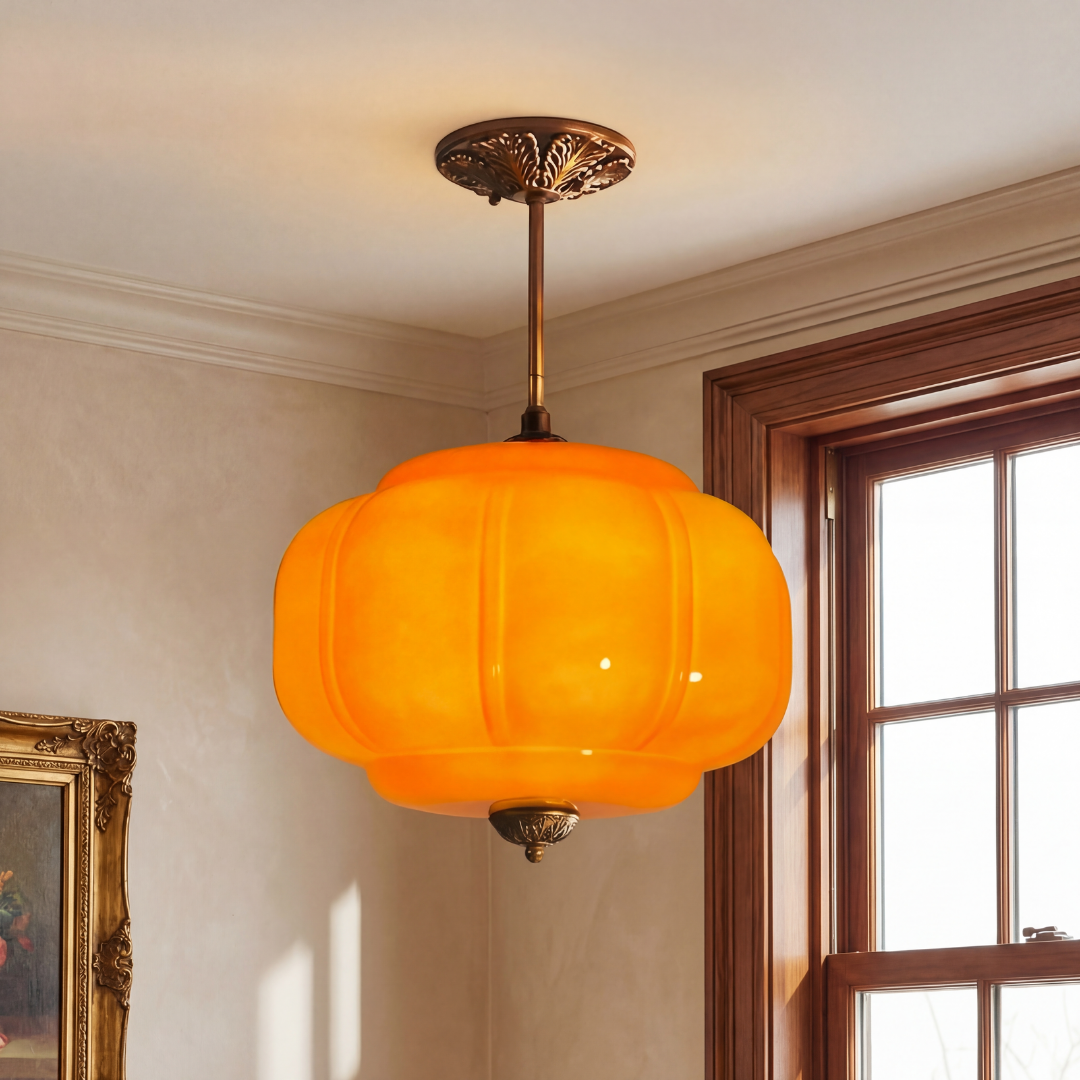 Pumpkin Glass Pendant Light Adjustable Brass