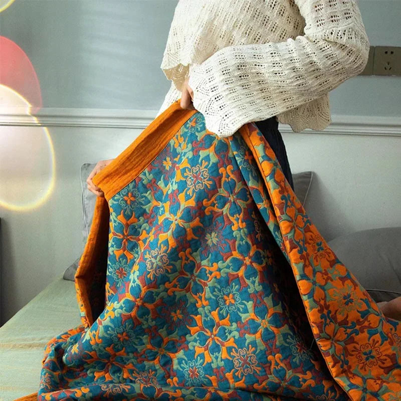 Six Layer Cotton Quilt in a Blue Print | Breathable Warm Blanket for Bed or Sofa | Four Sizes Up to 250 x 240 cm