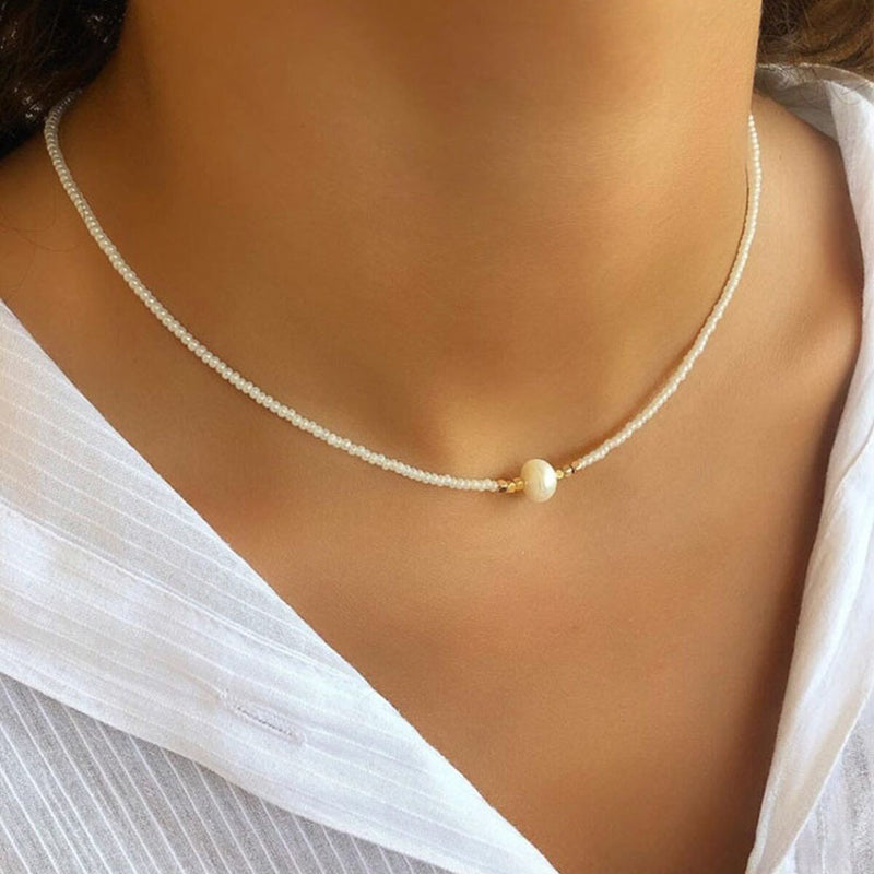 Freshwater Pearl Necklace with Colorful Rice Beads | Titanium Steel Chain for Everyday Wear | Five Color Options