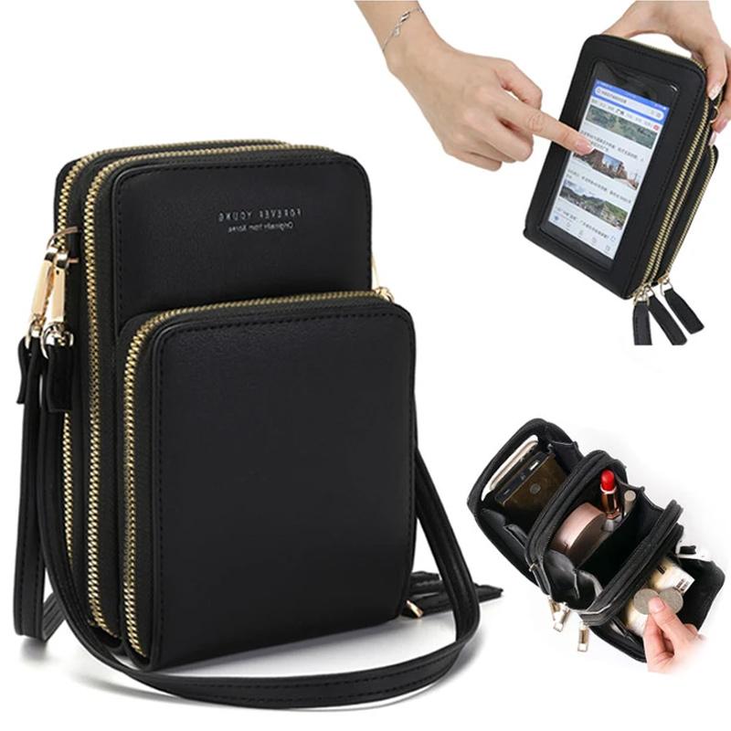 Touchscreen Phone Crossbody Bag with Clear PVC Window | Two Detachable Straps for Shoulder or Wrist | 11 Colors