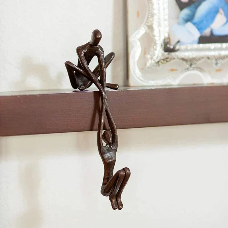 Metal Art Bronze Sculpture of Two Figures | Hanging Shelf Ornament for Living Room or Entryway | Love and Strength