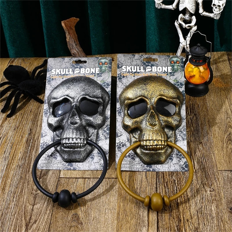 Close view of the skull face detail on the Halloween door knocker