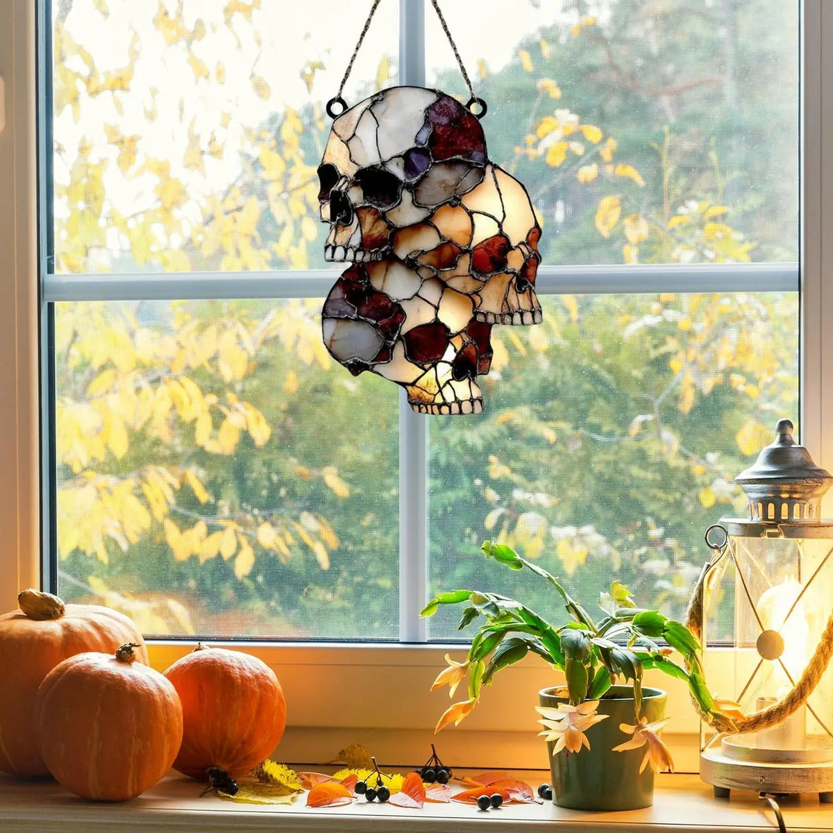 Skull cluster decoration hung in a window catching sunlight