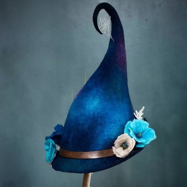 Blue hand-felted merino wool witch hat for Halloween costumes