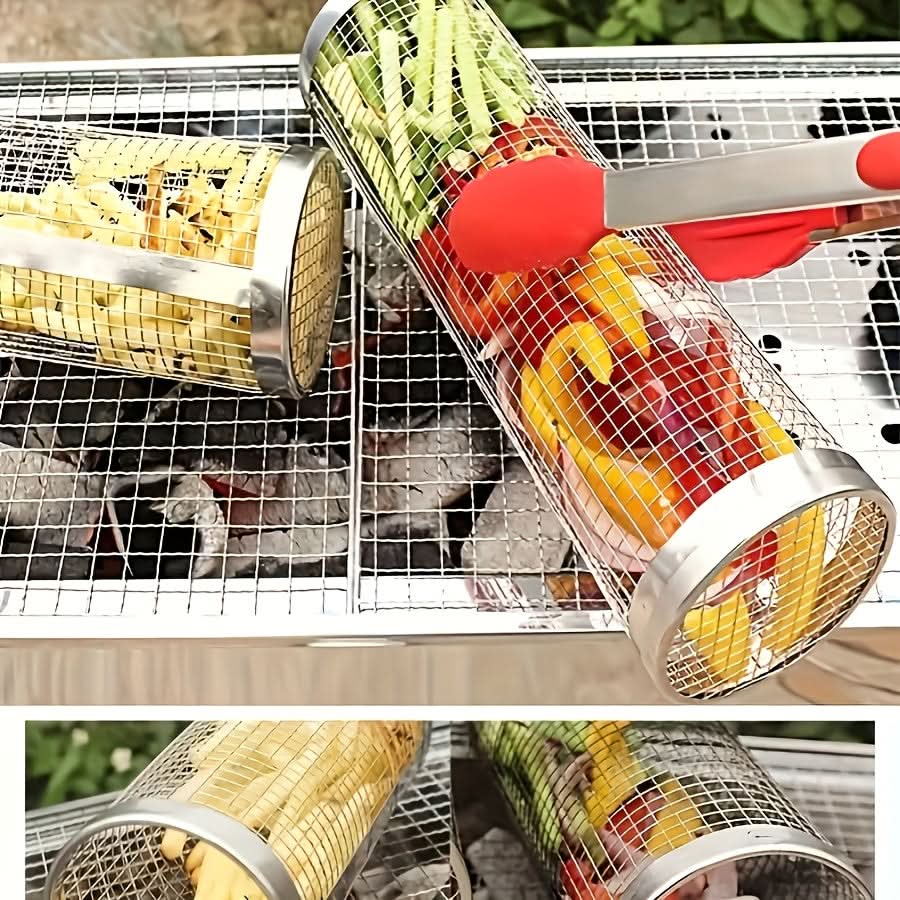 Stainless Steel Rolling Grill Basket with Detachable Handle | 304-Grade Steel | Even-Cook Rotating Design for BBQ