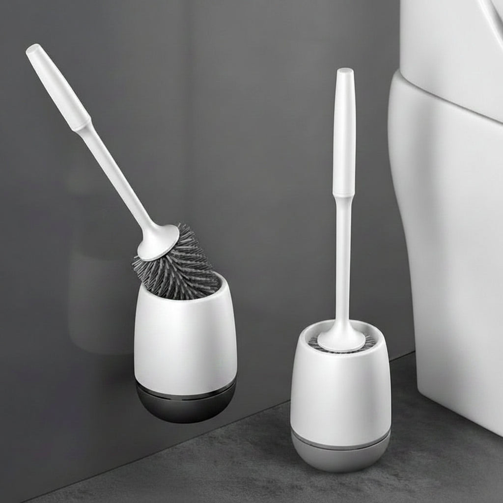 Silicone Toilet Brush & Holder Set | Floorstanding or Wall-Mounted, Black & Gray | Flexible Non-Stick Cleaning