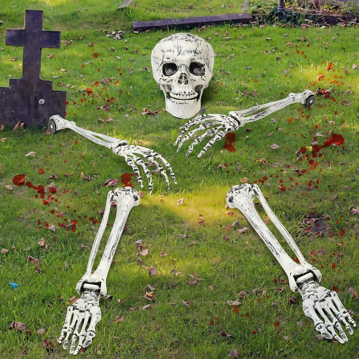 Skeleton arm yard stake pushed into garden soil