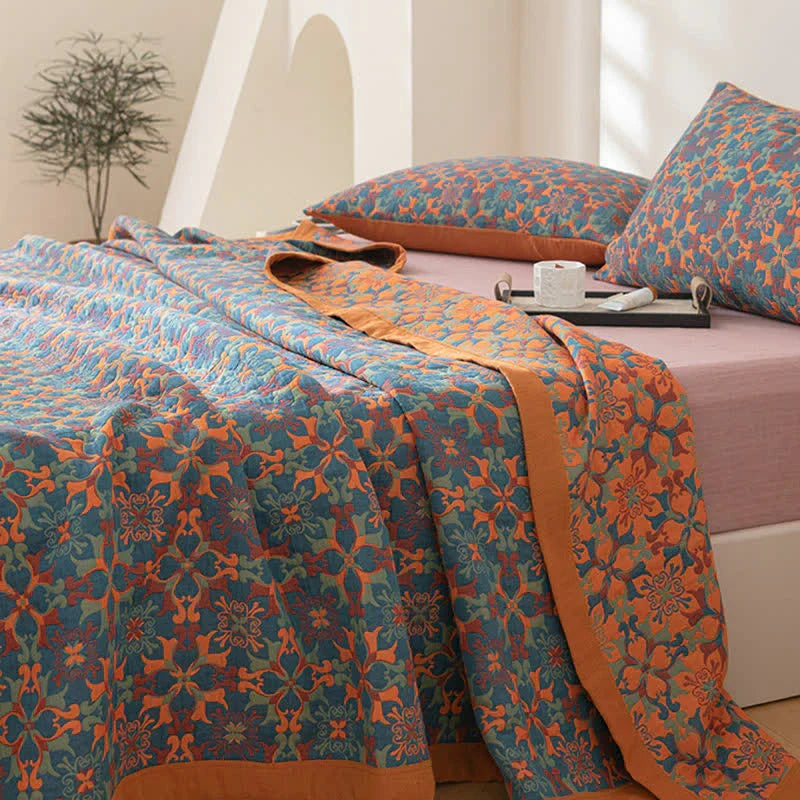 Six Layer Cotton Quilt in a Blue Print | Breathable Warm Blanket for Bed or Sofa | Four Sizes Up to 250 x 240 cm