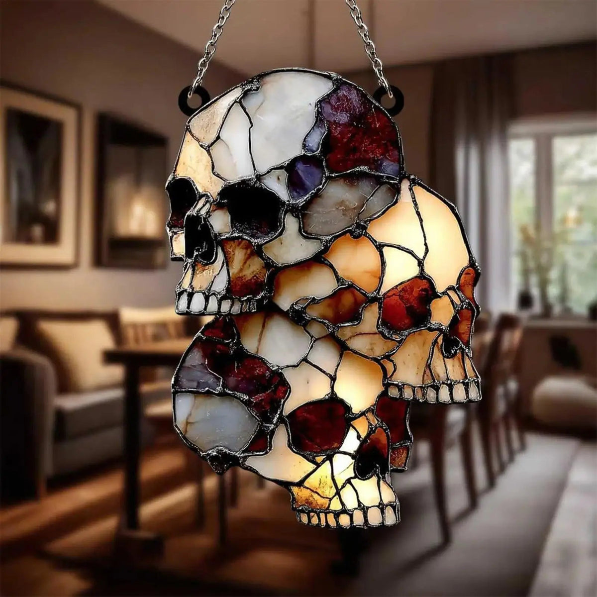Hanging Halloween Skull Light Catcher | 5.91 In Acrylic Skulls On A Metal Chain | Choose A 3 Or 4 Skull Cluster