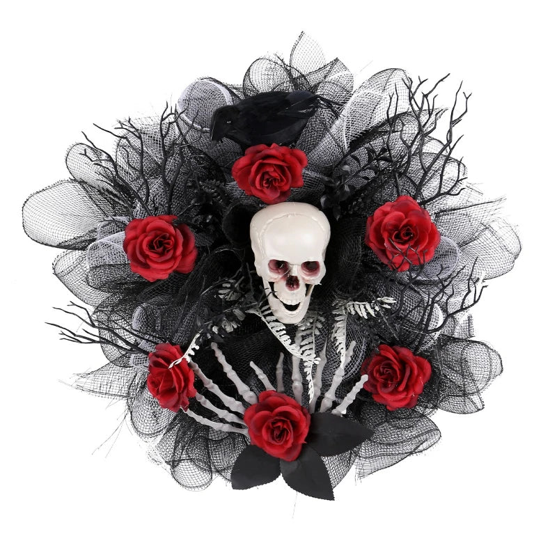 Gothic rose and skull wreath shown against a dark background