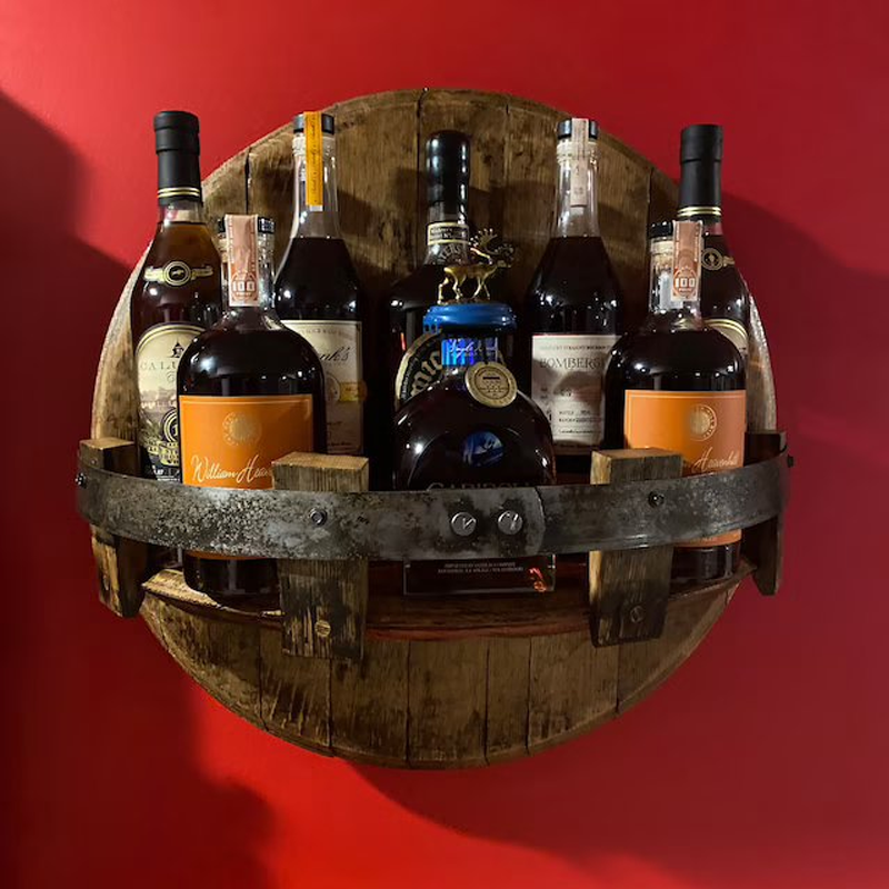 Whiskey Barrel Round Shelves for Wall Mounting | Rustic Solid Wood Bottle and Glass Display | Home Bar Storage