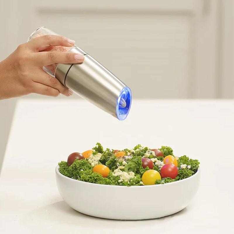 Electric Salt and Pepper Grinder with Gravity Sensor | Ceramic Burrs, Adjustable Coarseness, Blue LED | Black or Silver