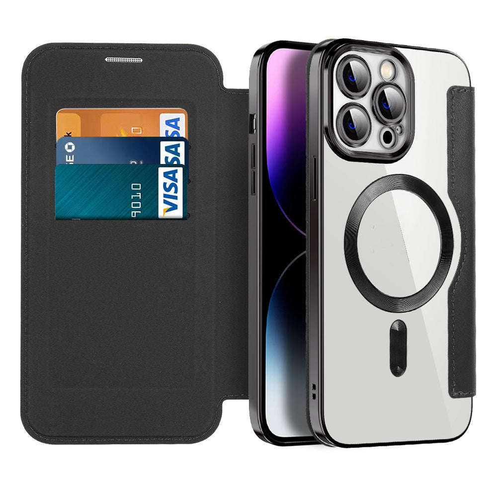 Magnetic Flip iPhone Cases with Card Slot and RFID Shielding | Clear Shockproof Back, Fits 15 Pro Max to 12