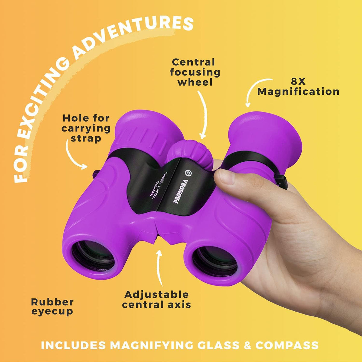 Kids Binoculars 8x21 with Compass and Magnifying Glass | Shockproof Rubber Grip, Central Focus Wheel | 3 Colors