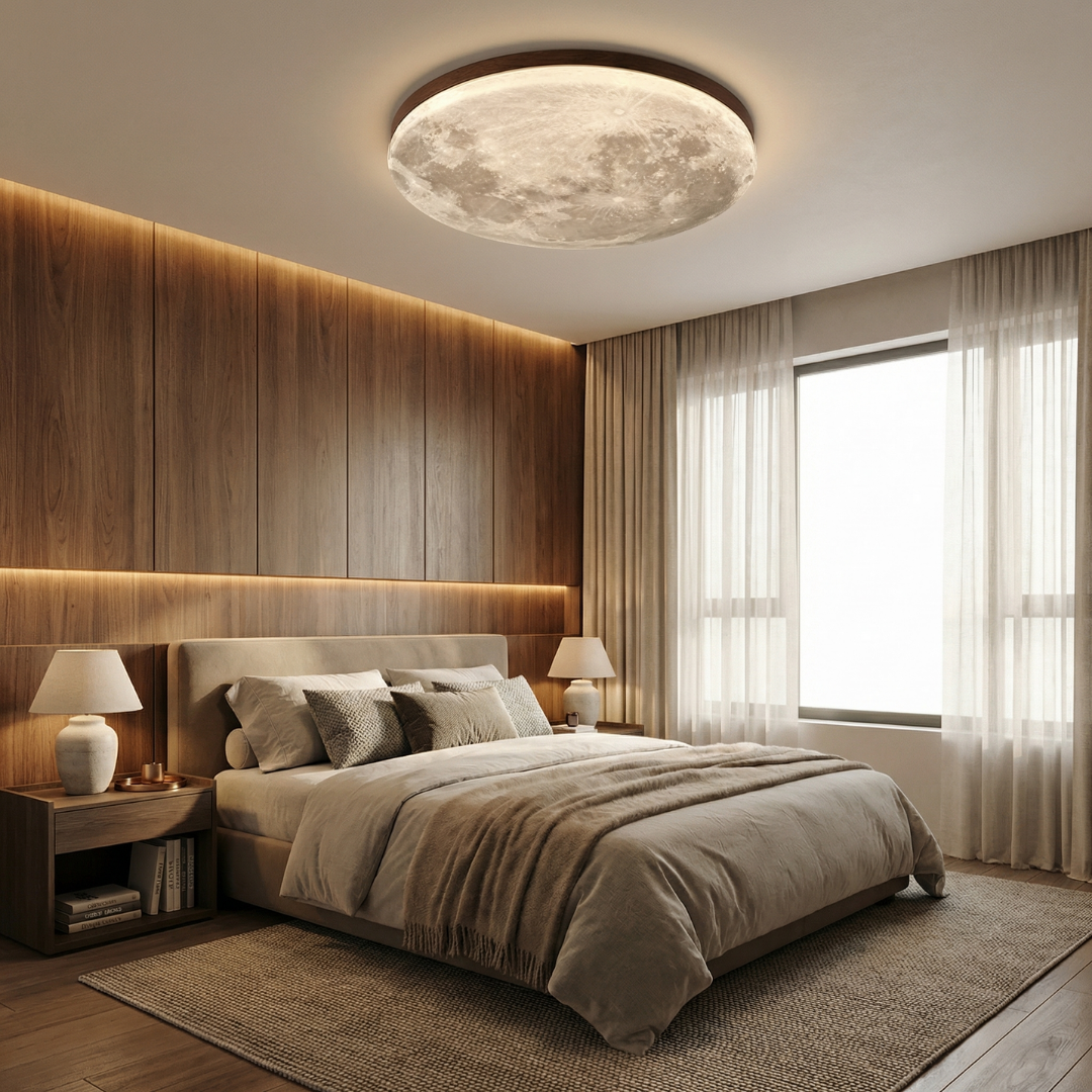 Moon Ceiling Light Flush Mount Wood Finish