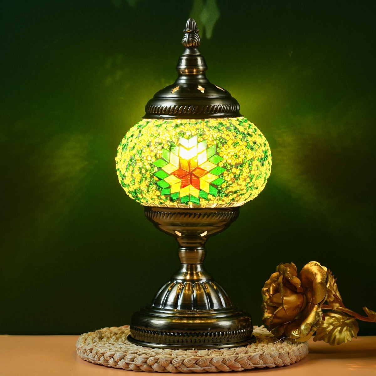 Green mosaic stained glass pumpkin lamp