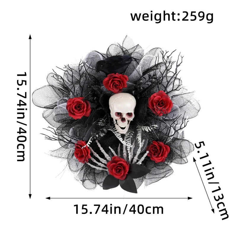 Red rose and skull wreath hung as part of a Halloween entryway display