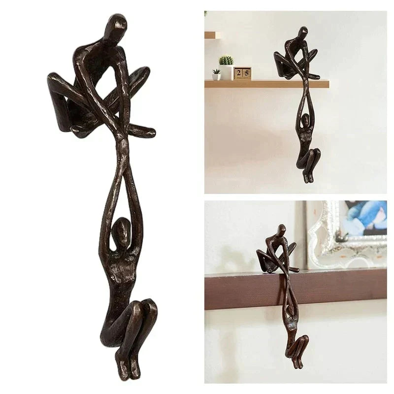 Metal Art Bronze Sculpture of Two Figures | Hanging Shelf Ornament for Living Room or Entryway | Love and Strength