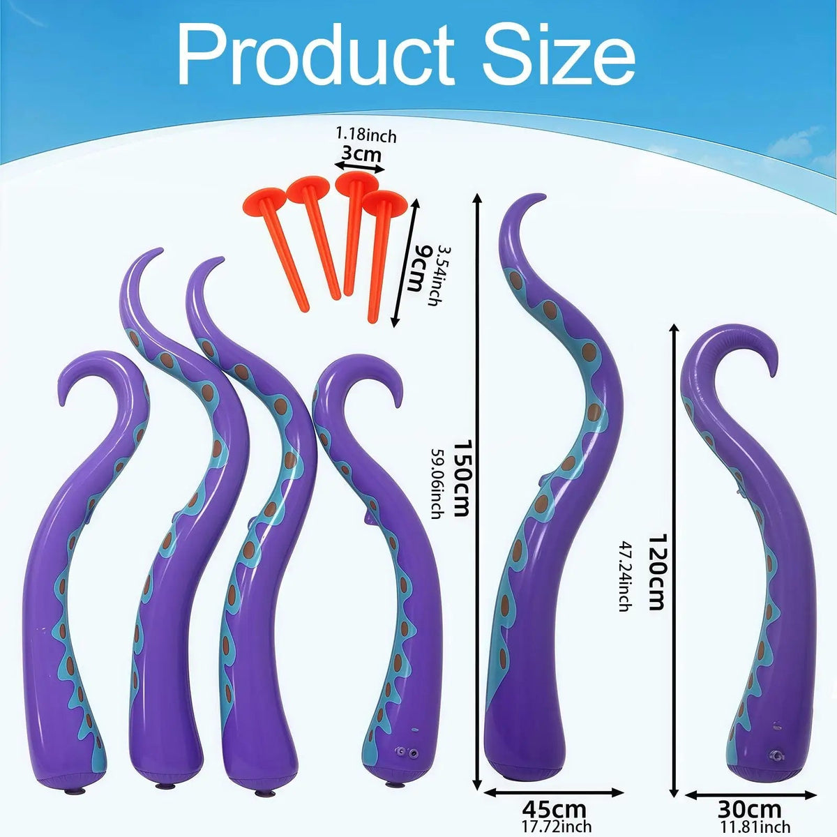 Set of four inflatable octopus tentacles with ground stakes