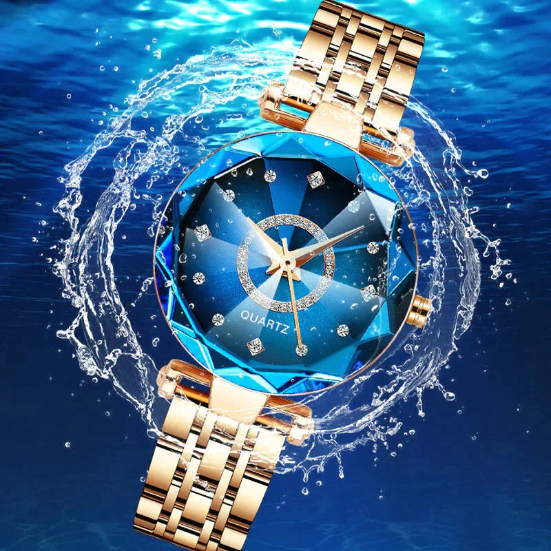 Quartz Wristwatch for Ladies with Starry Simulated Diamond Dial | Stainless Steel Case and Bracelet | 4 Colors
