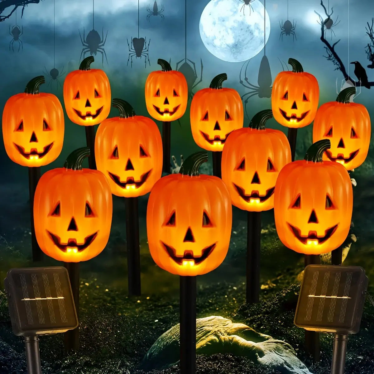 Long pumpkin solar Halloween yard light on a ground stake