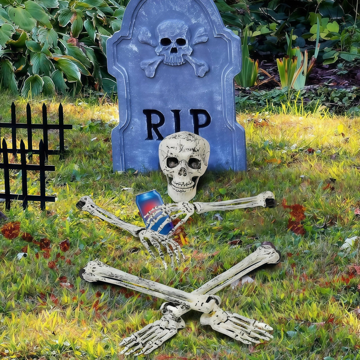 Close view of the plastic skeleton bones used for the yard stakes