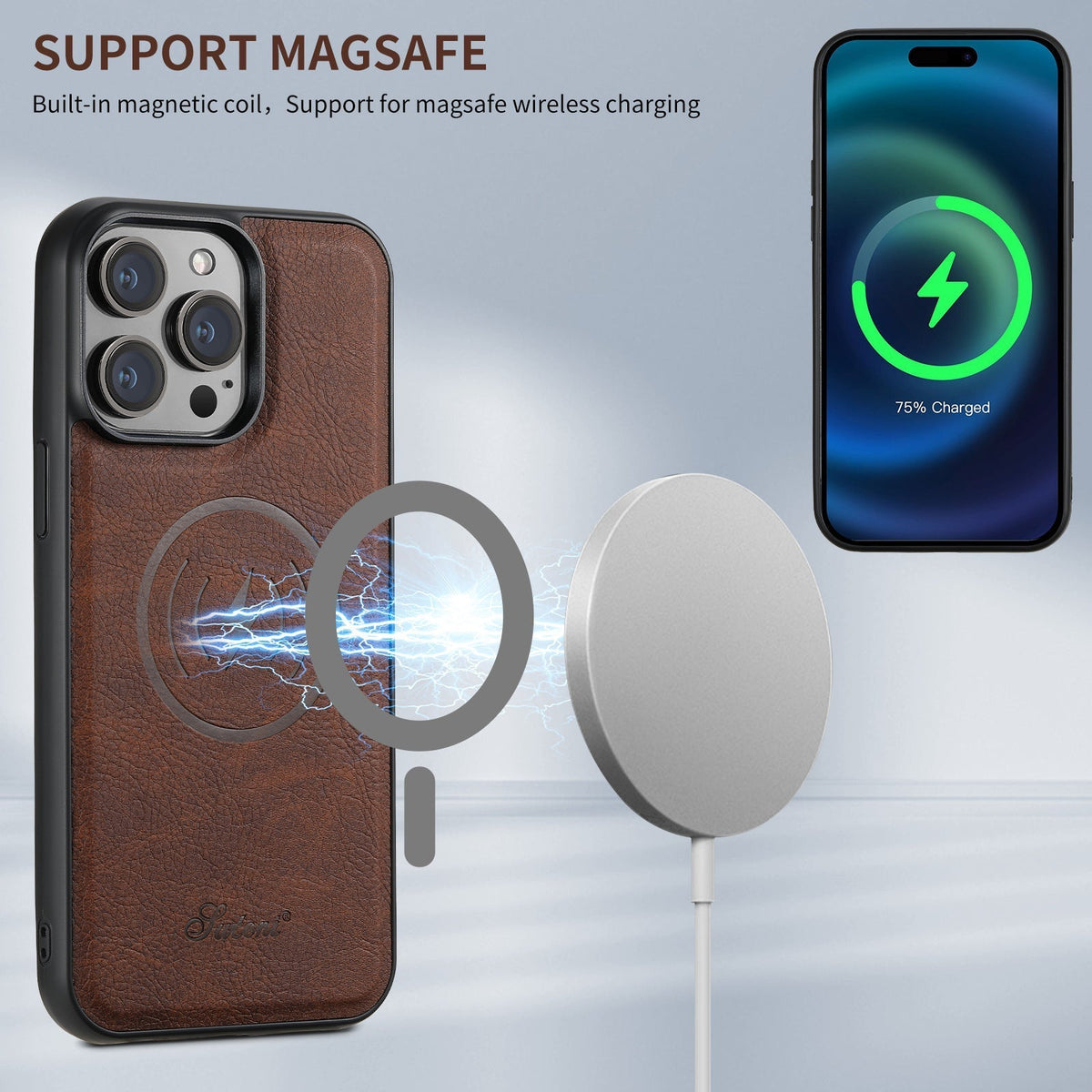 Leather MagSafe Phone Case with Magnetic Card Holder | Fits 13 iPhone Models up to 15 Pro Max | Stand Function, 4 Colors
