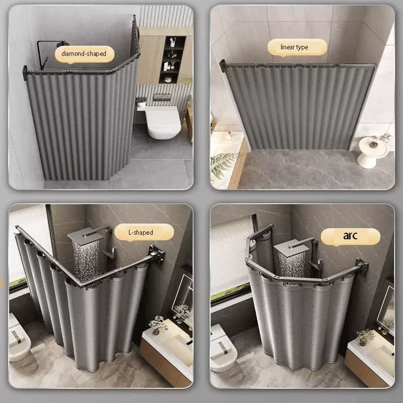 Foldable Shower Curtain Rod Partition Set | Waterproof Fabric | Gray & White Rack Options | Wet-Dry Bathroom Divider