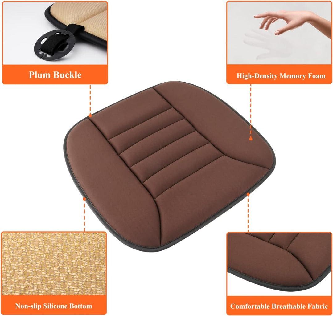 Memory Foam Car Seat Cushion, 21.2 by 18.5 Inches | Non-Slip Silicone Base, Breathable Cover | Brown, Black or Grey
