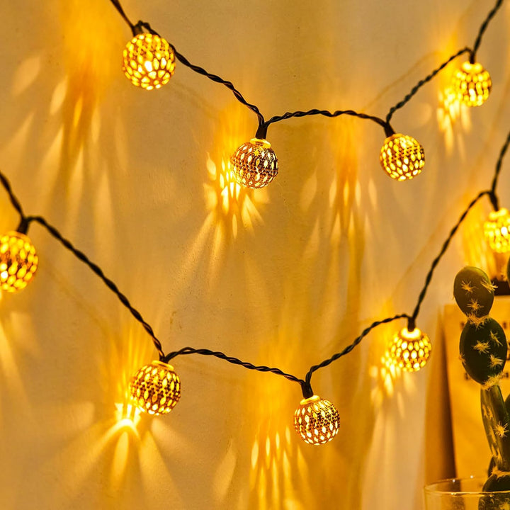 Solar Powered String Fairy Lights for the Garden | 100 LED Moroccan Ball Lanterns on a 12 Meter Waterproof Chain