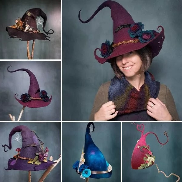 Felt witch hat showing the wet-felted brim and silk chiffon trim