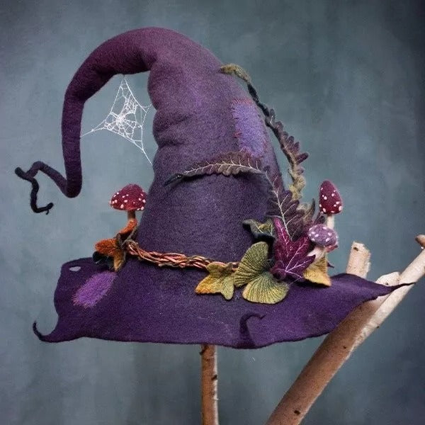 Purple hand-felted merino wool witch hat for Halloween costumes