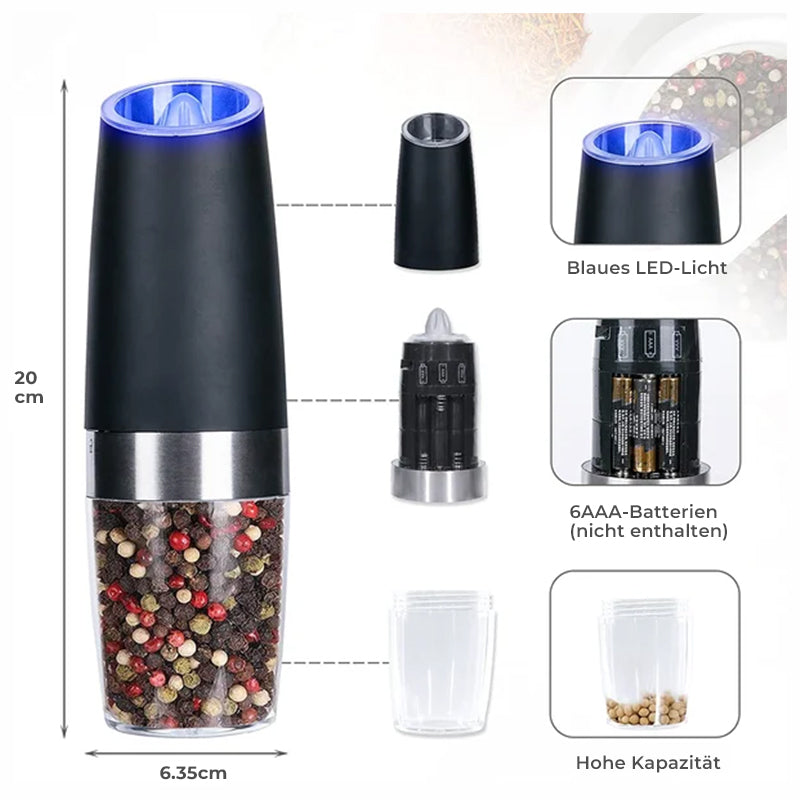 Electric Salt and Pepper Grinder with Gravity Sensor | Ceramic Burrs, Adjustable Coarseness, Blue LED | Black or Silver