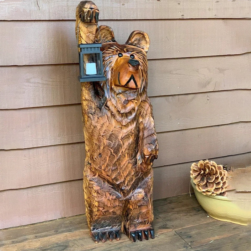 Carved Bear Garden Statue with Solar Lantern | Resin Figure That Flickers Like a Real Candle at Dusk | 20 cm Tall