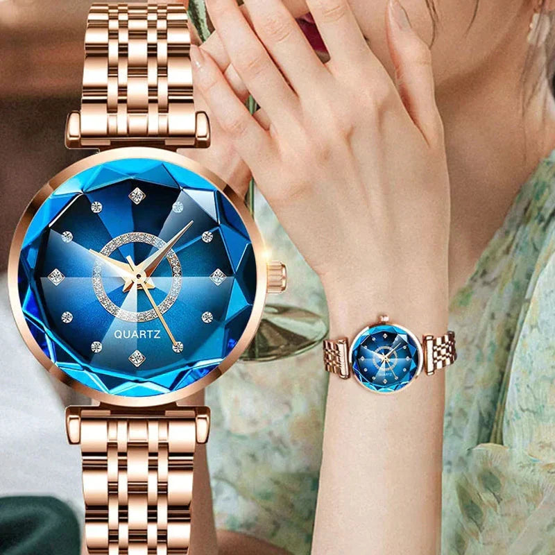 Quartz Wristwatch for Ladies with Starry Simulated Diamond Dial | Stainless Steel Case and Bracelet | 4 Colors