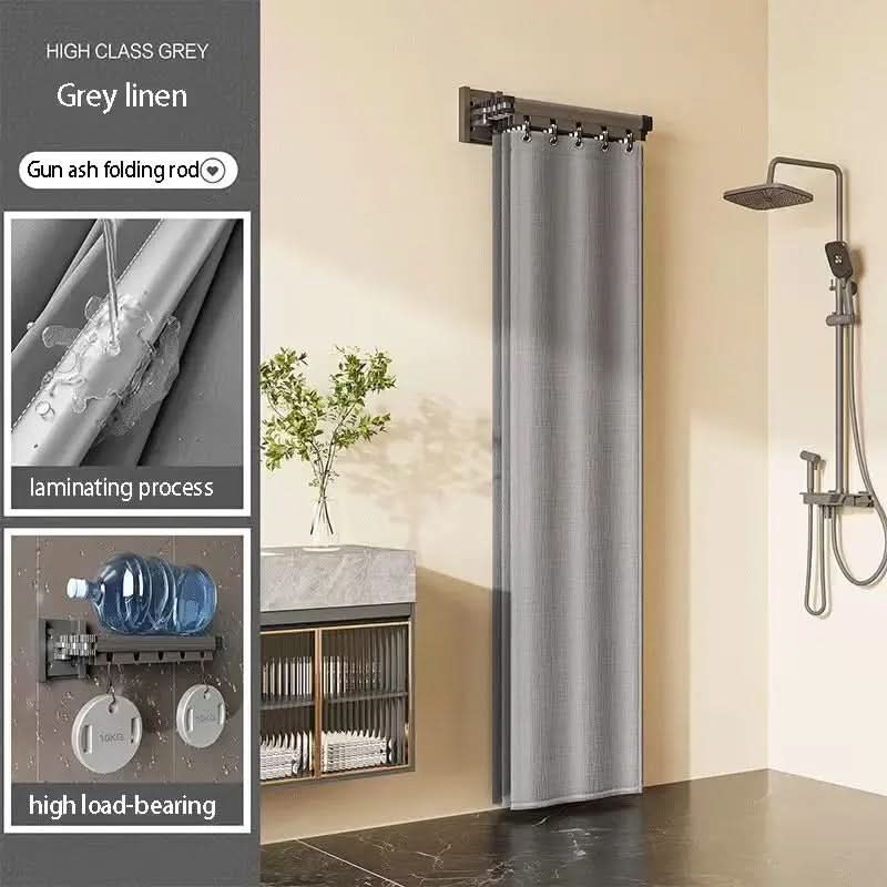 Foldable Shower Curtain Rod Partition Set | Waterproof Fabric | Gray & White Rack Options | Wet-Dry Bathroom Divider