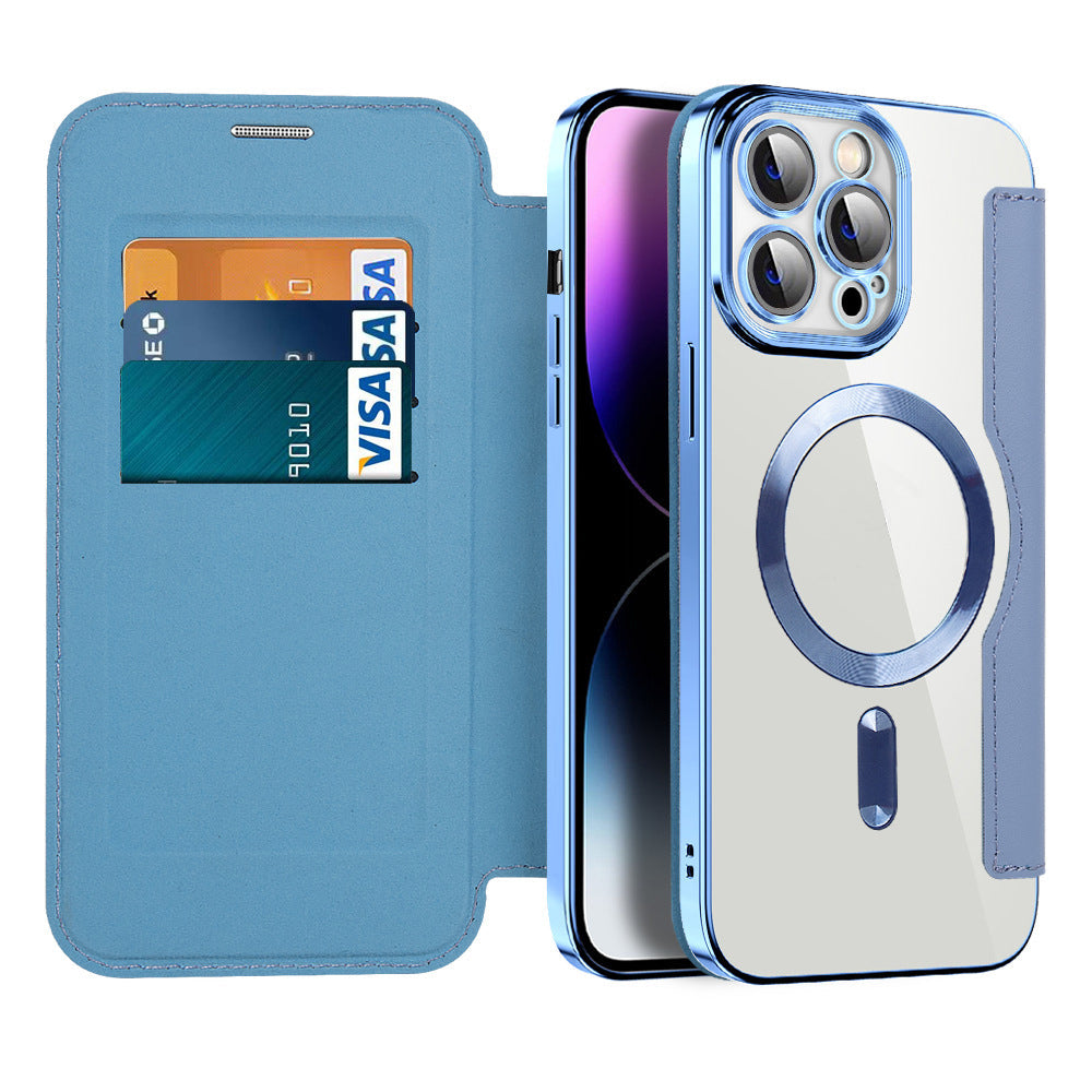Magnetic Flip iPhone Cases with Card Slot and RFID Shielding | Clear Shockproof Back, Fits 15 Pro Max to 12