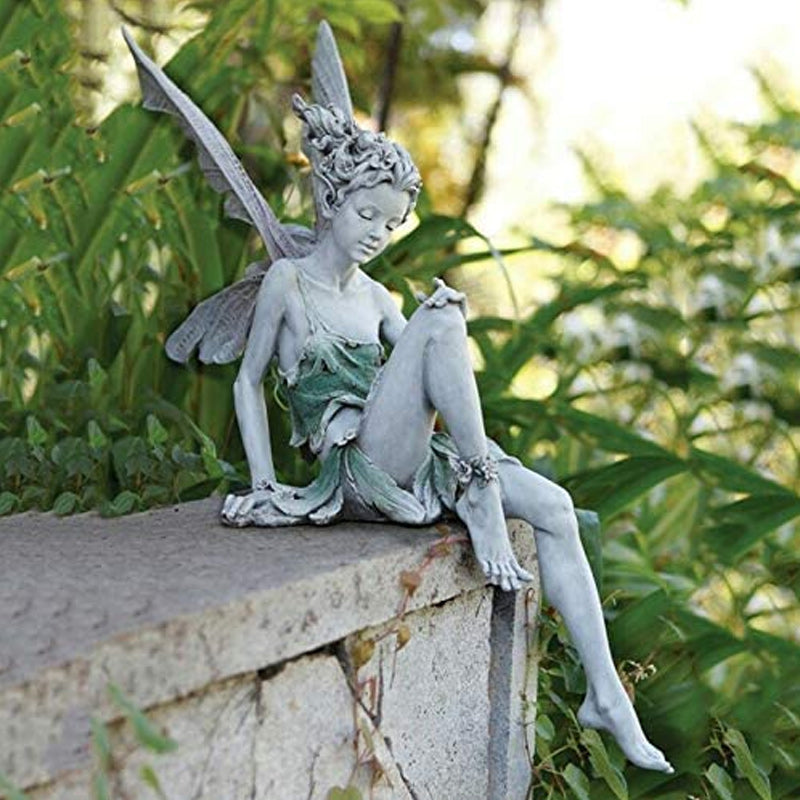Sitting Fairy Statue with Detailed Wings | Resin Garden Ornaments for a Wall, Ledge or Table Edge | Two Finishes, No Fixings