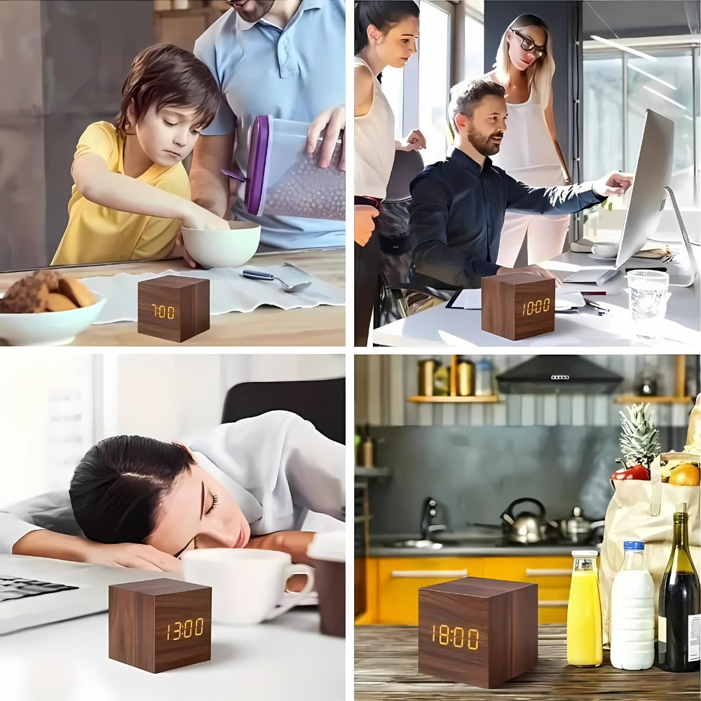 Wood Grain Digital Clock Cube for a Bedside Table | Snooze Button and Temperature Readout in Four Finishes