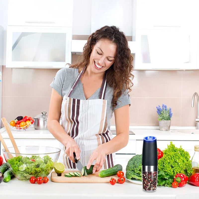 Electric Salt and Pepper Grinder with Gravity Sensor | Ceramic Burrs, Adjustable Coarseness, Blue LED | Black or Silver