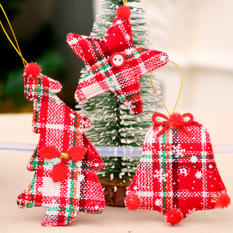 Plaid Christmas Tree Ornaments in Red and Green Check | Pompom Trim on Soft Fabric | Hanging Loop for Mantel or Branches
